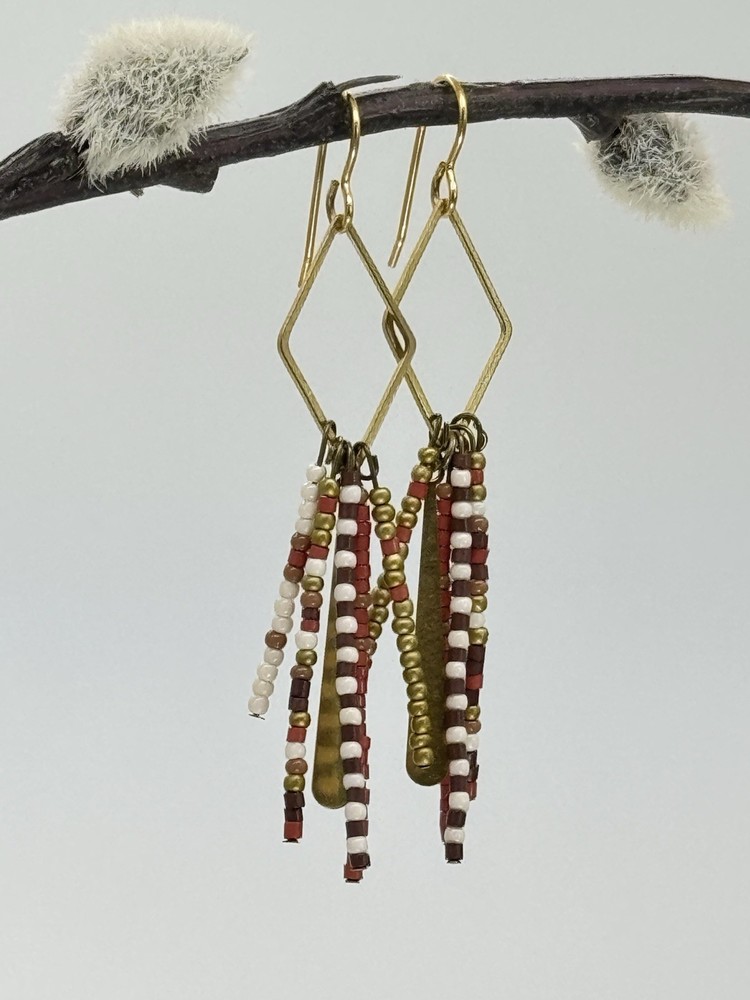 Boho Handcrafted Drop Earrings With Seed Bead Dangles & Brass Accents