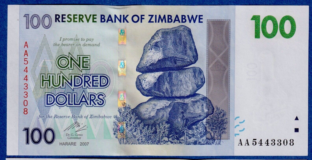 ZIMBABWE 100 DOLLARS, 2007, P-69, AA Prefix UNC Note