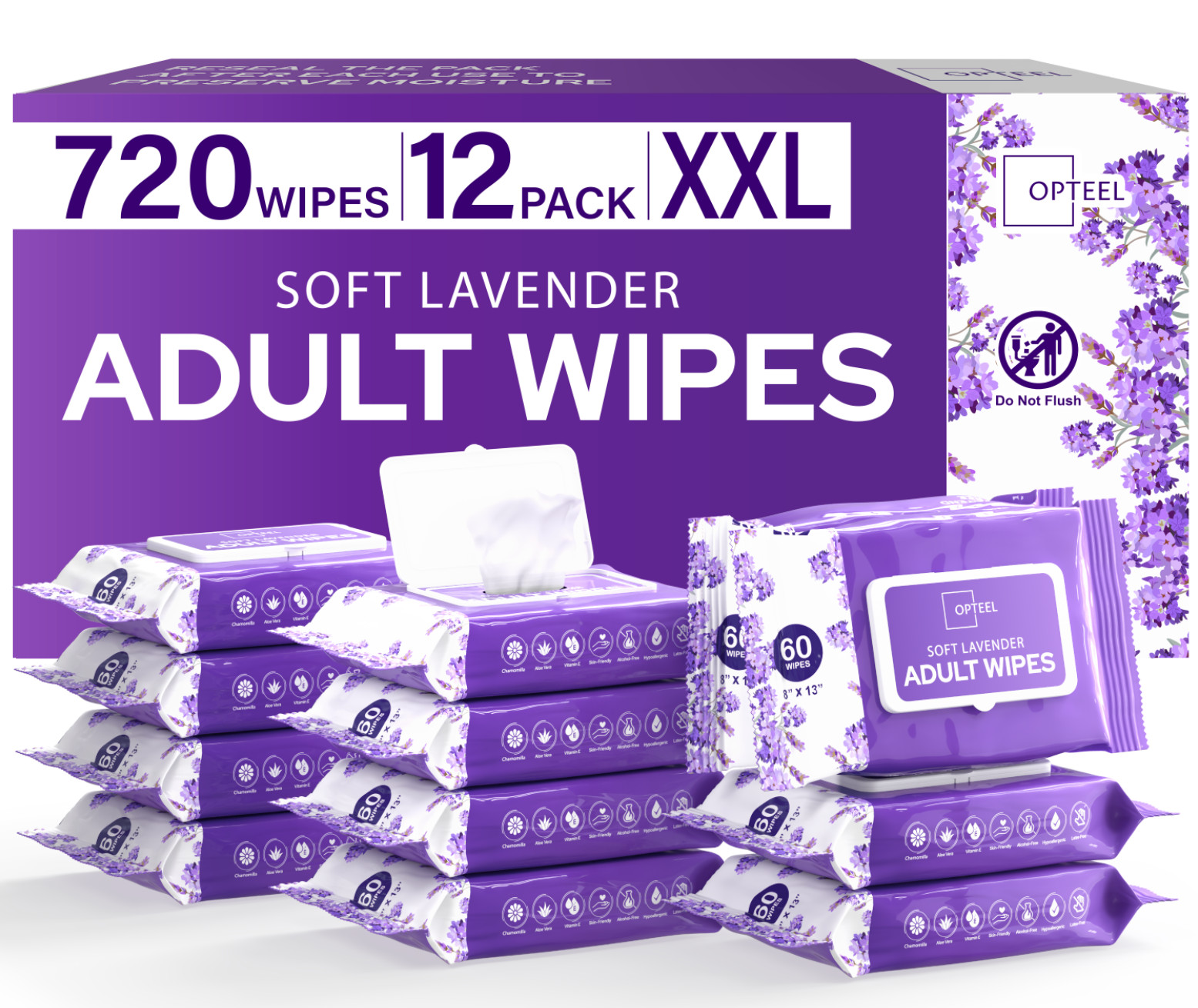 Adult Wipes For Elderly Soft Lavender - 8x13" 720ct (Too Large,Not-Flushable)
