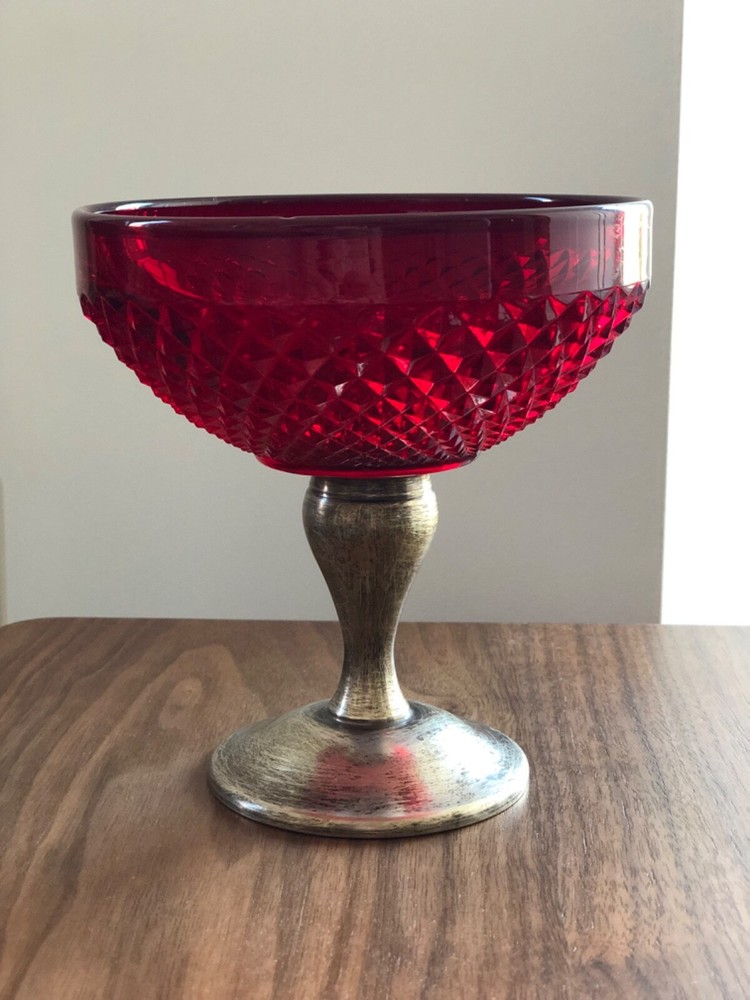 Vintage Alvin Sterling Silver and Ruby Diamond Point Serving Bowl