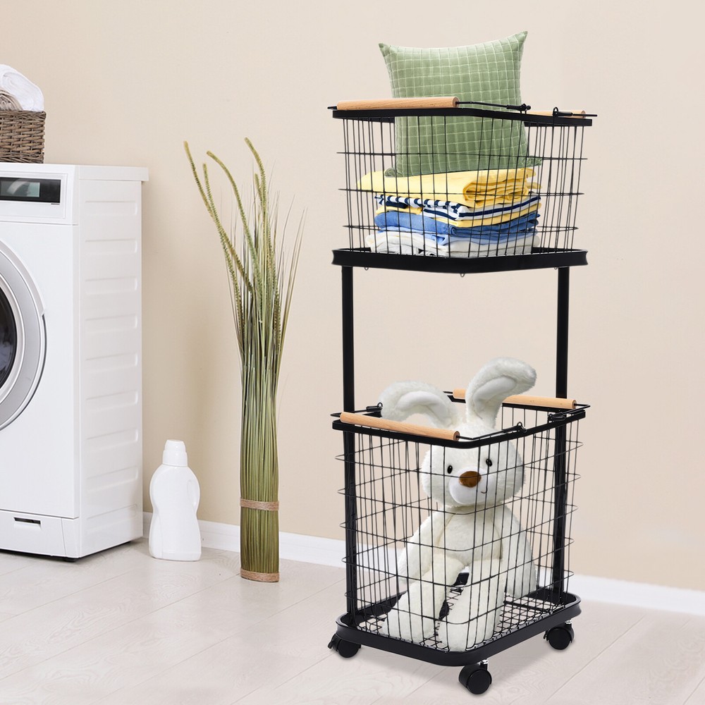 2 Tier Laundry Basket Metal Black Rectangular Laundry Basket With Wheels