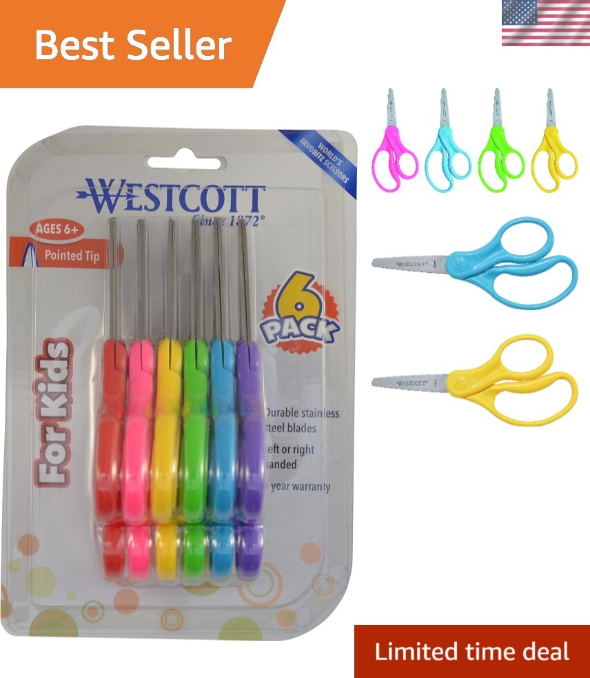 Scissors For Kids, 5’’ Pointed Safety Scissors, Assorted, 6 Pack