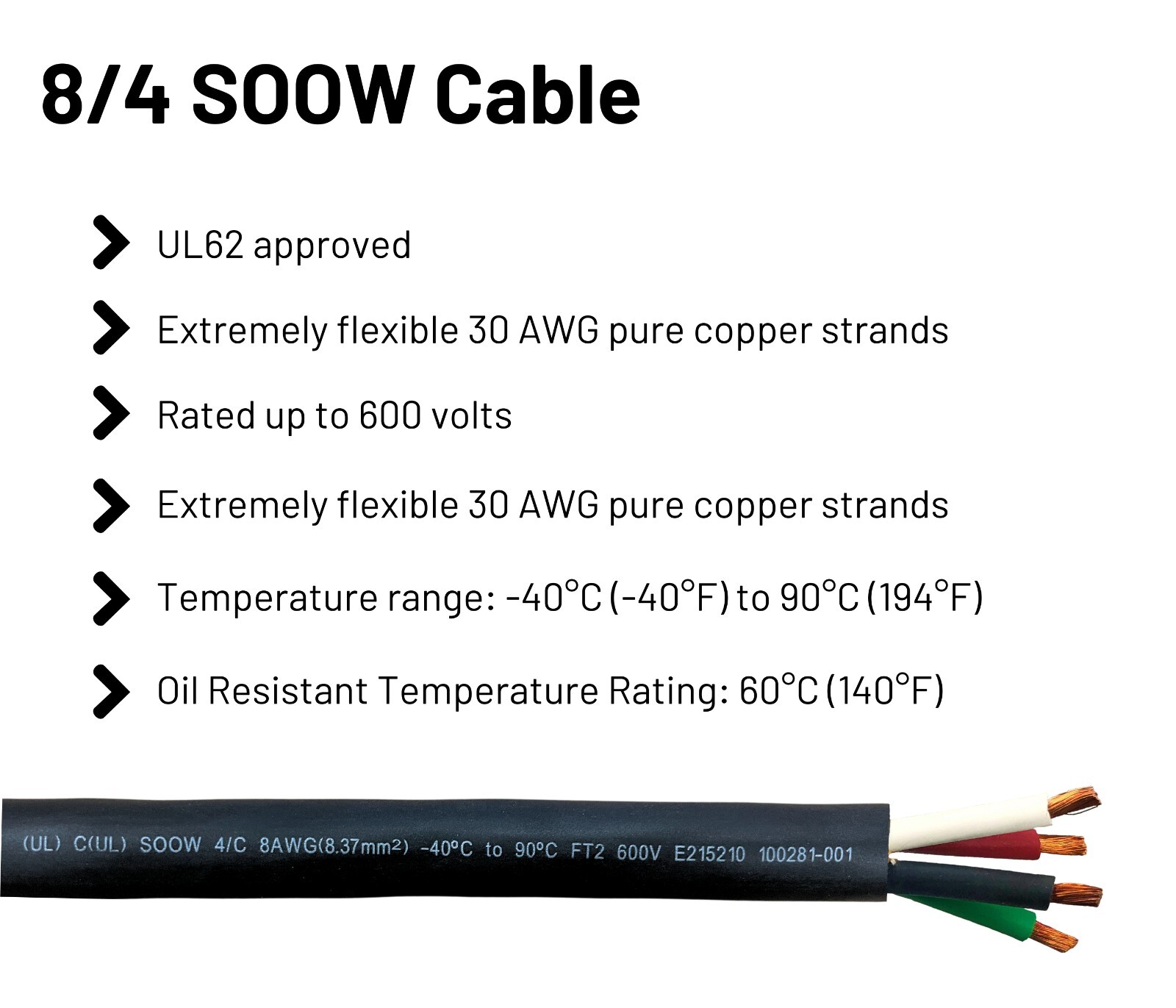WindyNation 8/4 8 Gauge 4 Conductor SOOW SO Cable Cord 600V Portable Power Wire