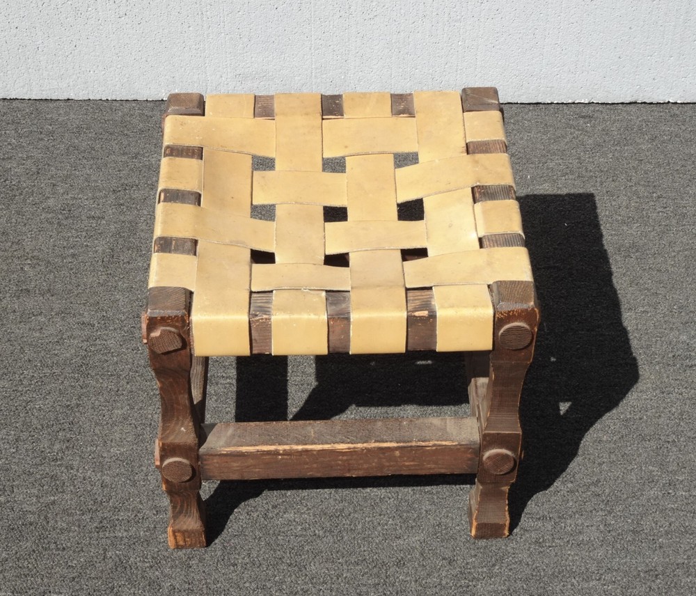 Vintage Rustic Spanish Style Stool Bench with Leather Straps