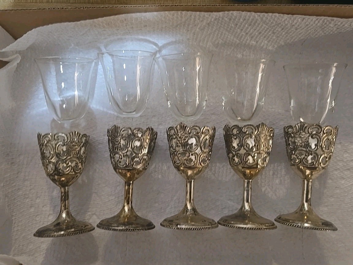 Vintage Set Of 5 Silver plated Goblet Wine Shot/Dinner Glasses.