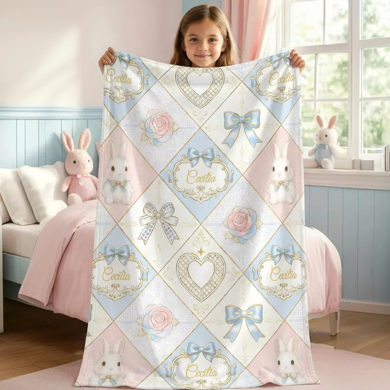 Personalized Cute Easter Bow Flower Blanket Custom Gift for