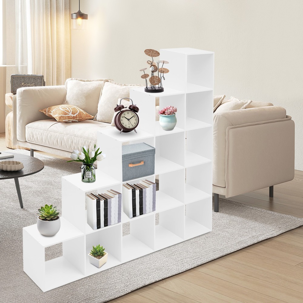 L-Shaped Corner Shelf White Ladder Cube Storage Bookcase 15-Cube Organizer