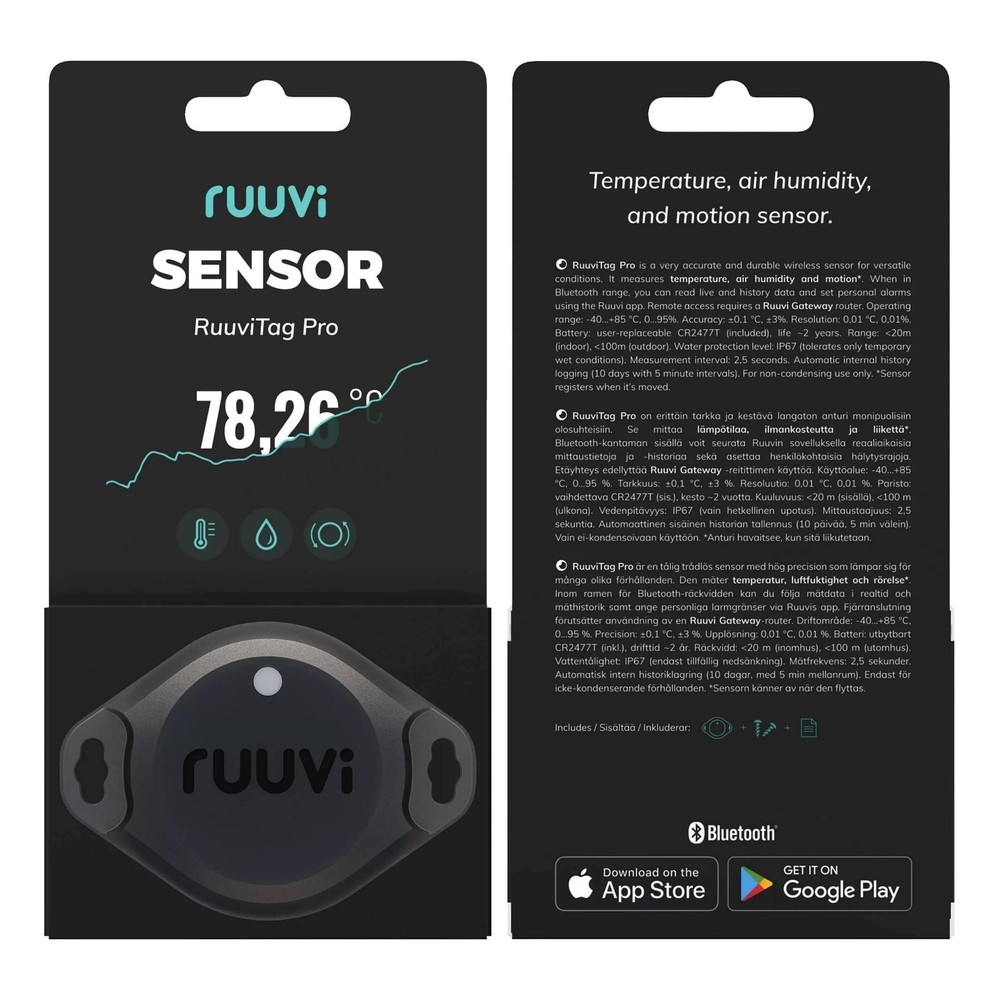 RuuviTag Pro Bluetooth Temp Humidity Pressure Sensor, EU Made, App Alerts