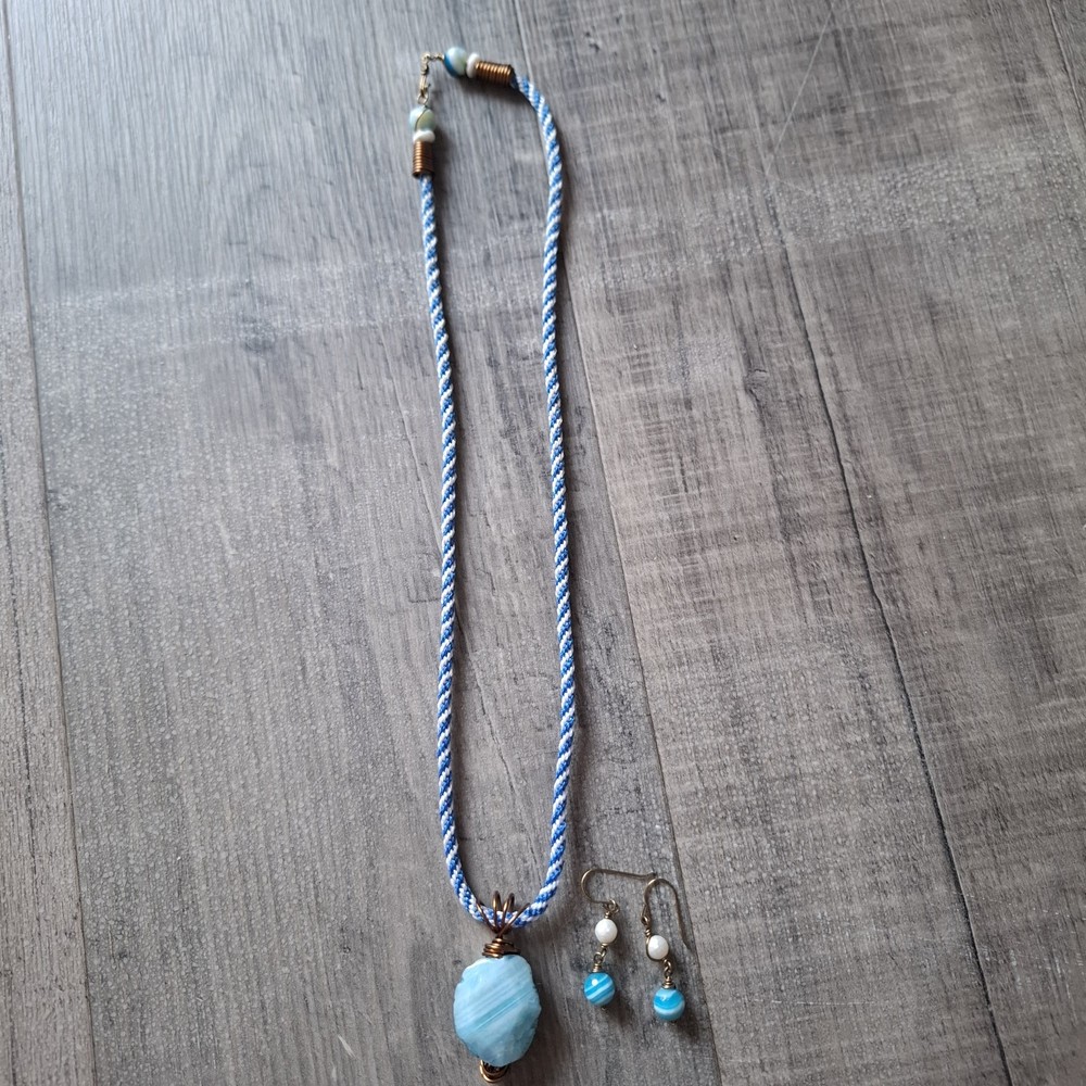 Statement Wire Wrapped Boho Blue Stone Style Necklace And Earrings Set Boho