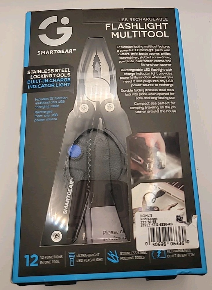 Smart Gear 12 In 1 Multitool Led Flashlight USB Rechargeable SS Locking Tool NIB