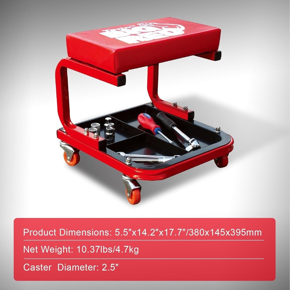 Red Rolling Creeper Seat: Padded Mechanic Stool