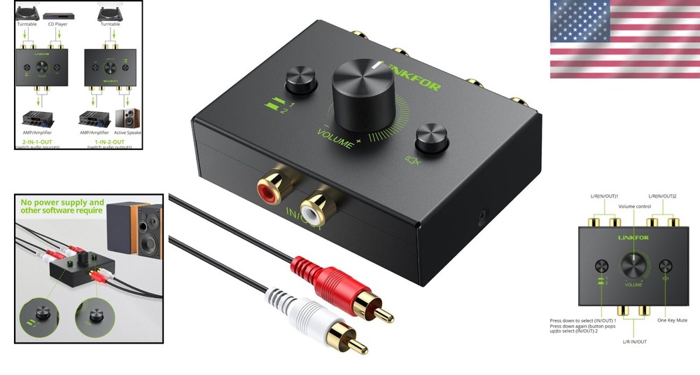 High-Quality RCA Stereo Switch with Built-In Volume Control & Simple Setup