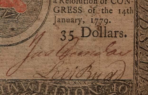 CC-94 *** PMG AU50 *** $35 January 14, 1779 Continental Colonial Currency Note