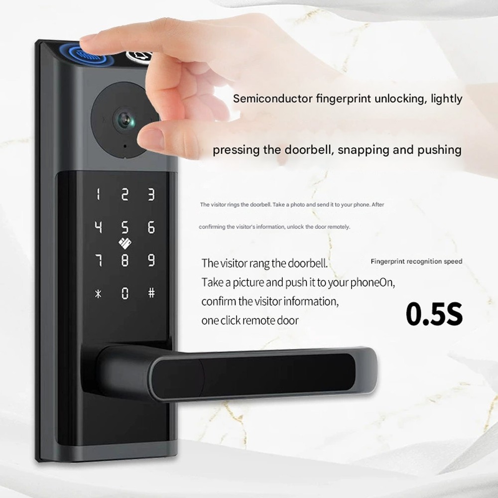 Smart Door Lock Fingerprint Camera Handle Keyless WiFi APP Control