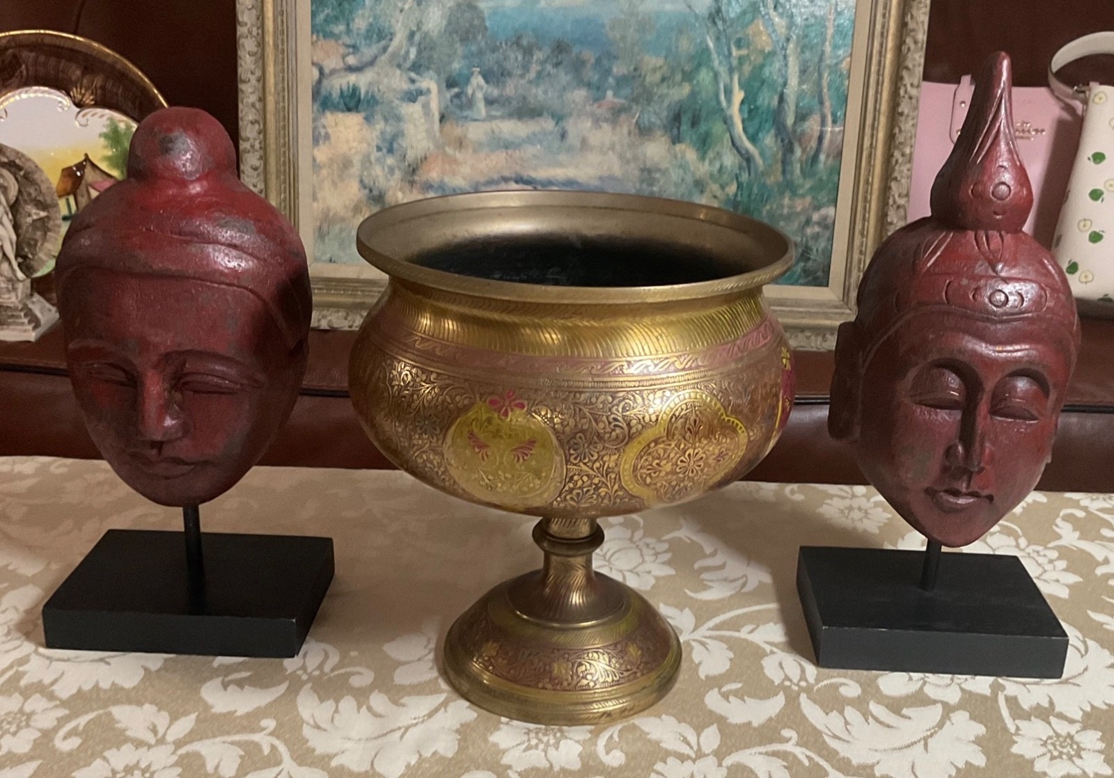 Etched Brass Pedestal Bowl Urn Peacock Floral Motif 7.3lb Ornate Centerpiece