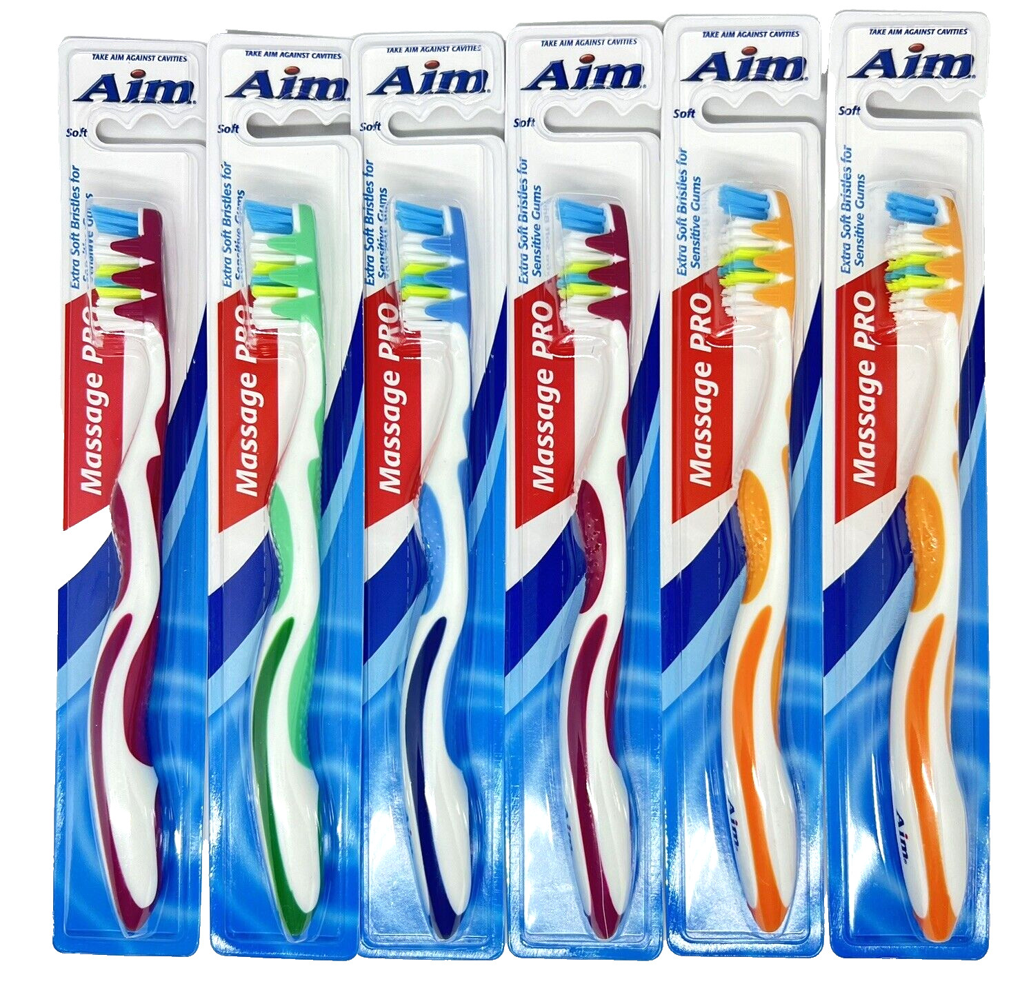 Aim Massage Pro Soft Bristle Standard Toothbrush 6 Pack Individually Carded Asst