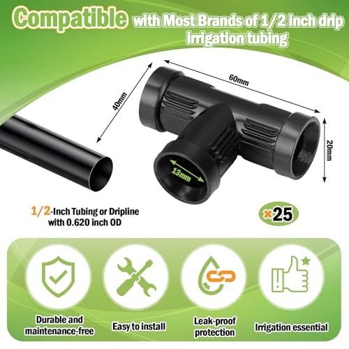 25 Pack PVC 1/2 Inch Drip Irrigation Tee Connector 1/2" Compression Tee Drip