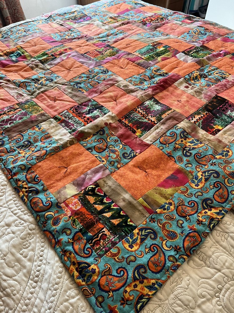 Handmade Patchwork Quilt Vibrant Orange Lap Quilt 44”