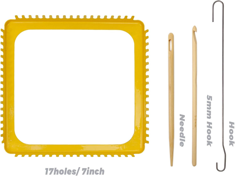 7.5 Inch Solid Metal Square Weaving Loom Tool with Needle Hook for Knitting Sewi