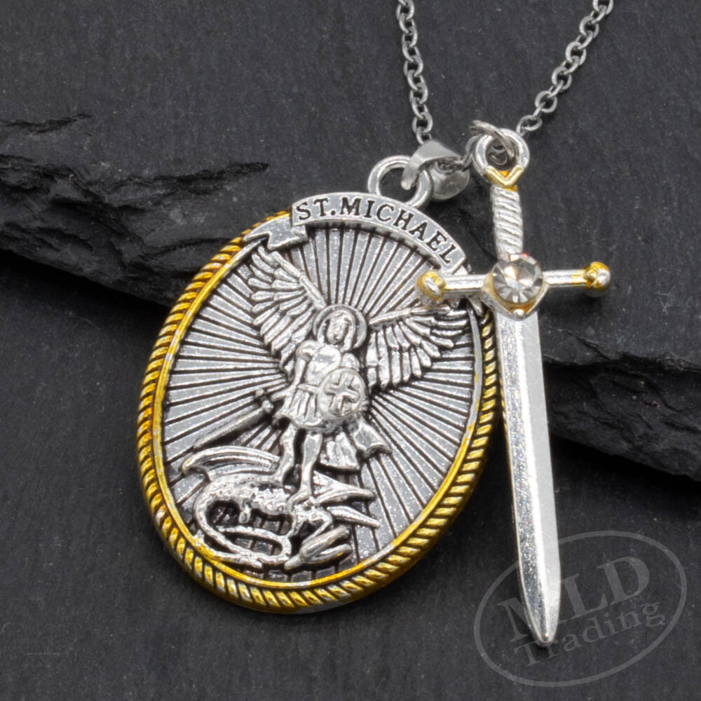 Saint St Michael Pendant Necklace, Oval Silver-Gold, Sword Charm, Ephesians 6:10