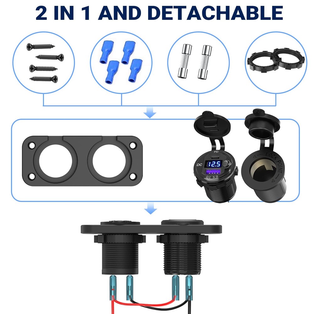 Cigarette Lighter Socket 12 Volt USB Outlet: PD 20W C and 2 in 1 - voltmeter