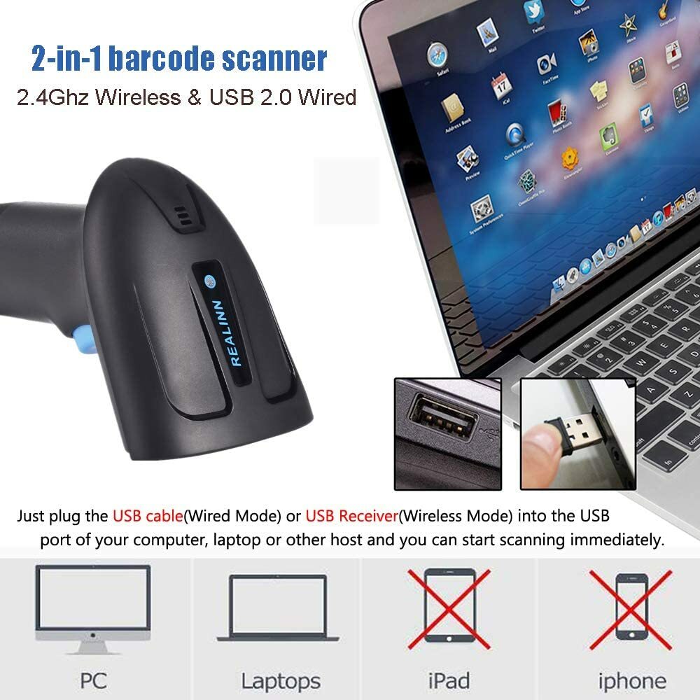 Realinn RL6200W Wireless Barcode Scanner 1D 2D QR Code Scanner USB Rechargeable