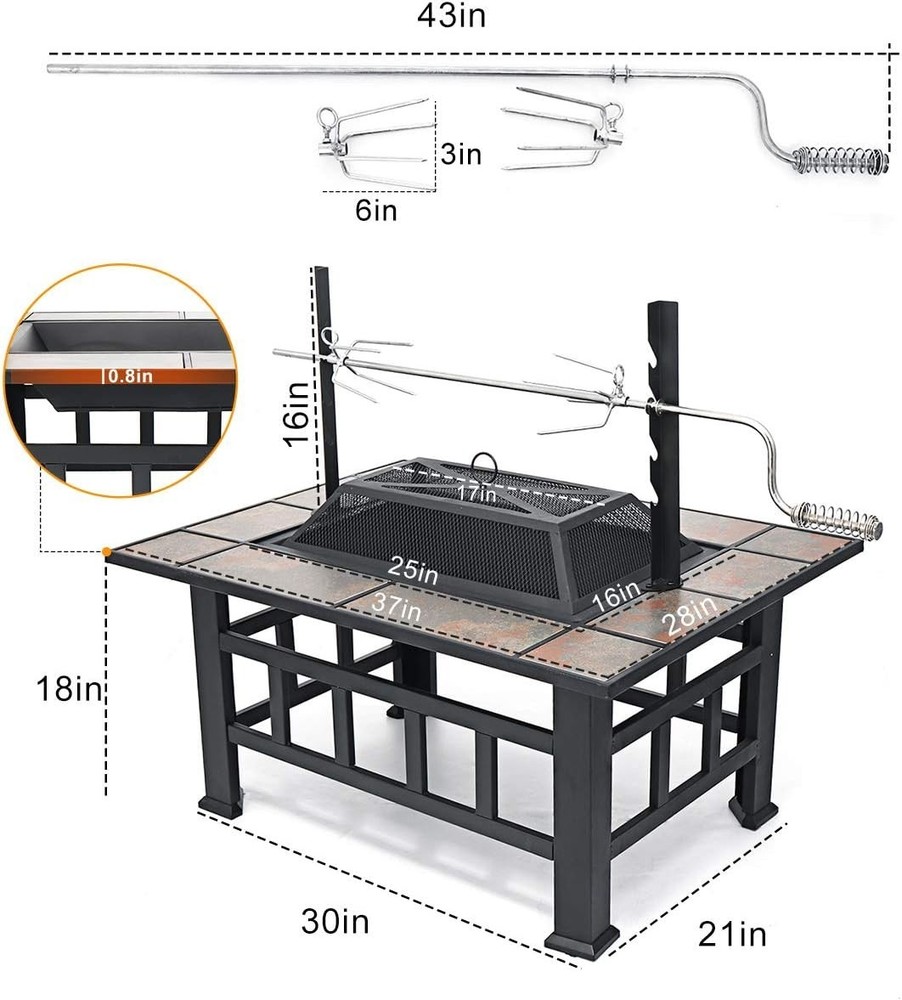 Multi-Purpose 37-Inch Square Fire Pit Table with Grill & Spark Screen Included