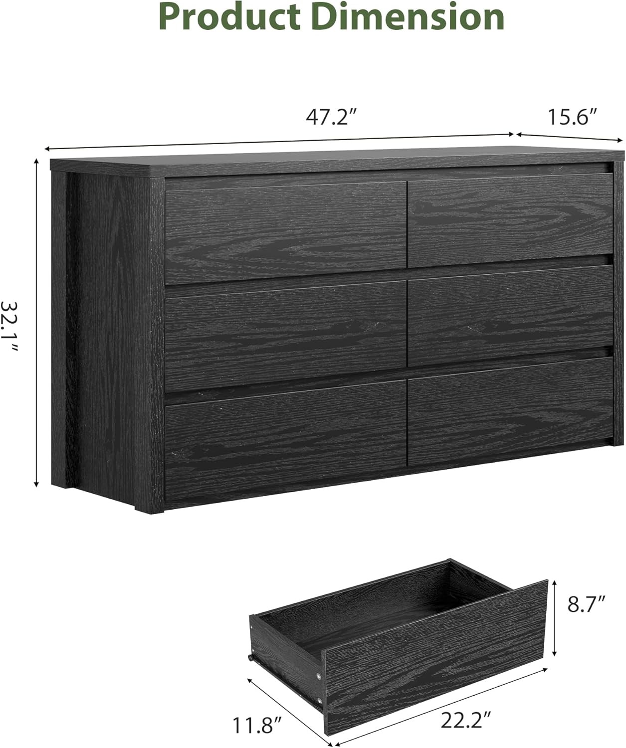 6 Drawers Dresser for Bedroom,Wide Wood Chest of Drawers Handle Free,Black