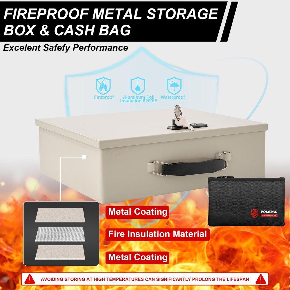 Fireproof Document Box with Key Lock & Large, White-Combination