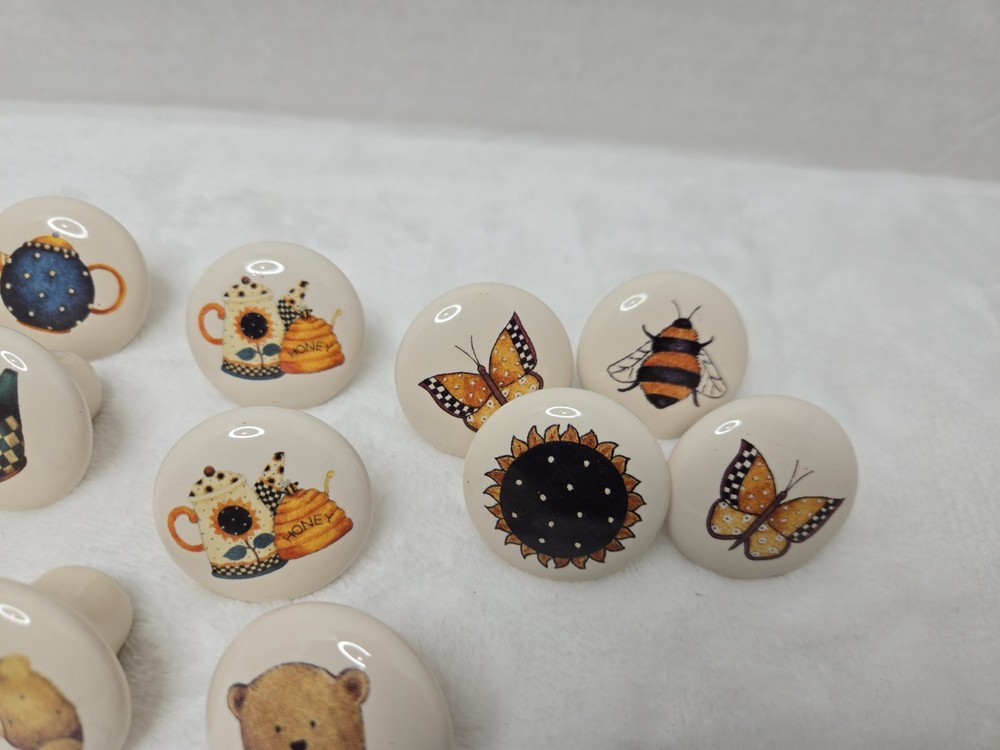 Set 18 Vintage 1 1/2" Round Porcelain Drawer Pull Knobs, bears, bee, kettle
