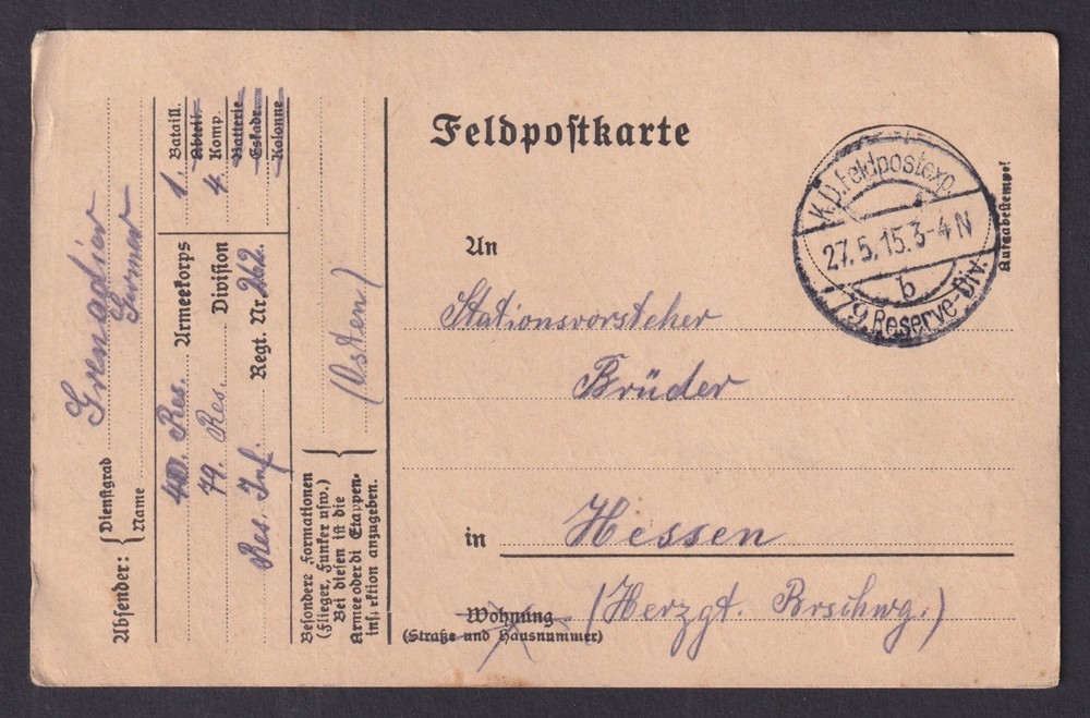 WWI German Feldpost 1915 79.Reserve-Dev from Kalvarija Lithuania
