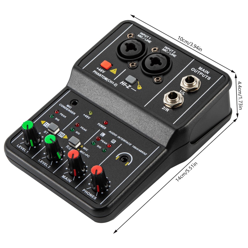 2 Channel Mixing Console Live Studio Audio DJ Mixer Sound Board USB Interface