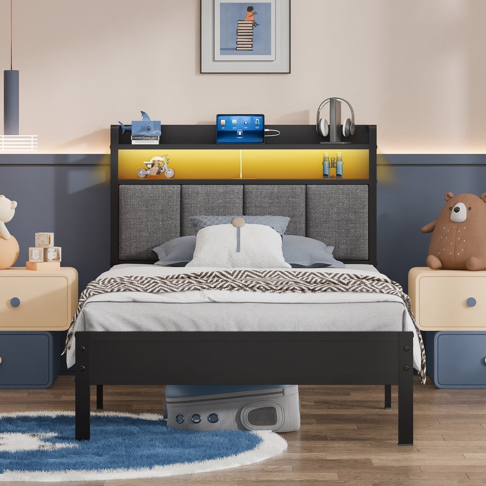Storage Metal Platform Bed Frames with LED Light, Twin