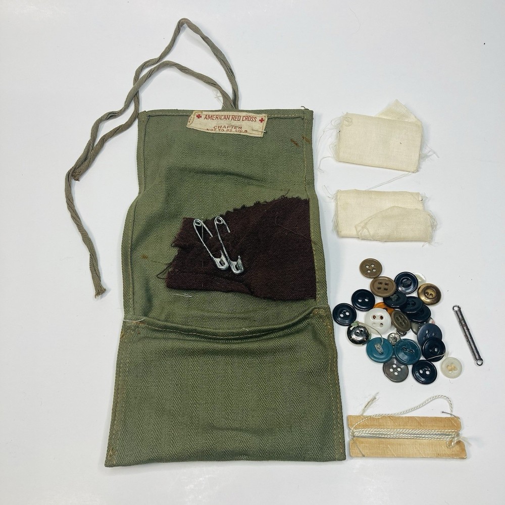 WWII Vintage American Red US Cross Sewing Kit Buttons Needles - Chapter Worn-off