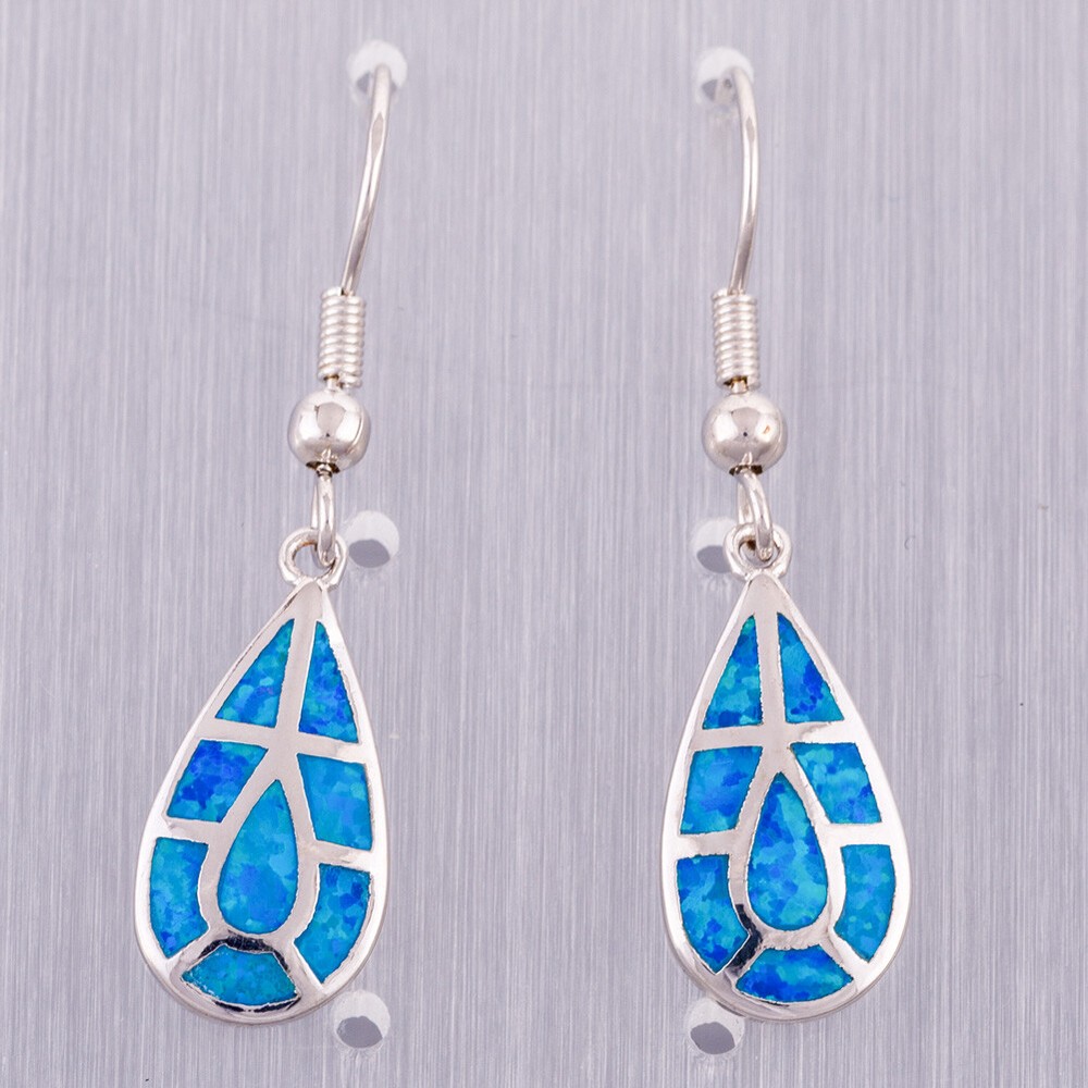 Teardrop Shape Ocean Blue Fire Opal Silver Jewelry Dangle Drop Earrings