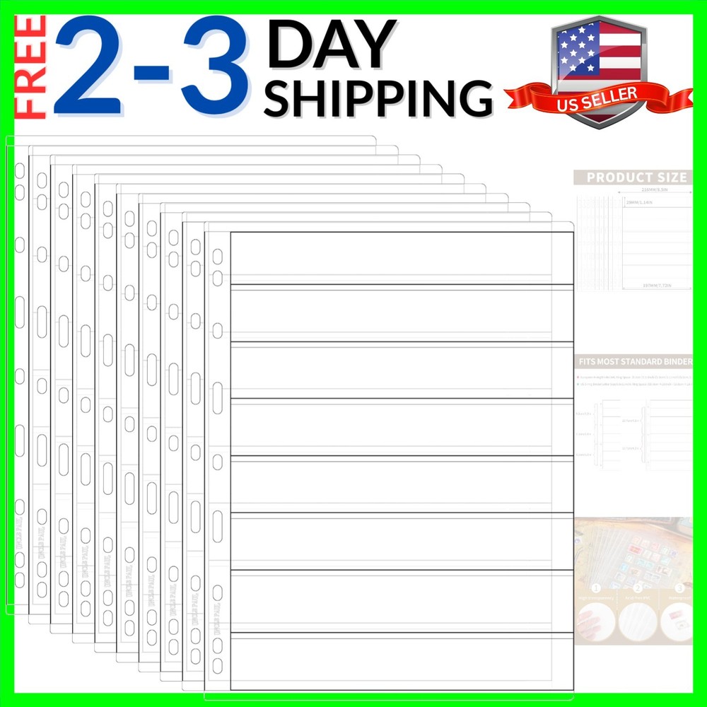 10 Sheets Postage Stamp Collecting Inserts, 80 Pockets Clear Stamp Album Page...