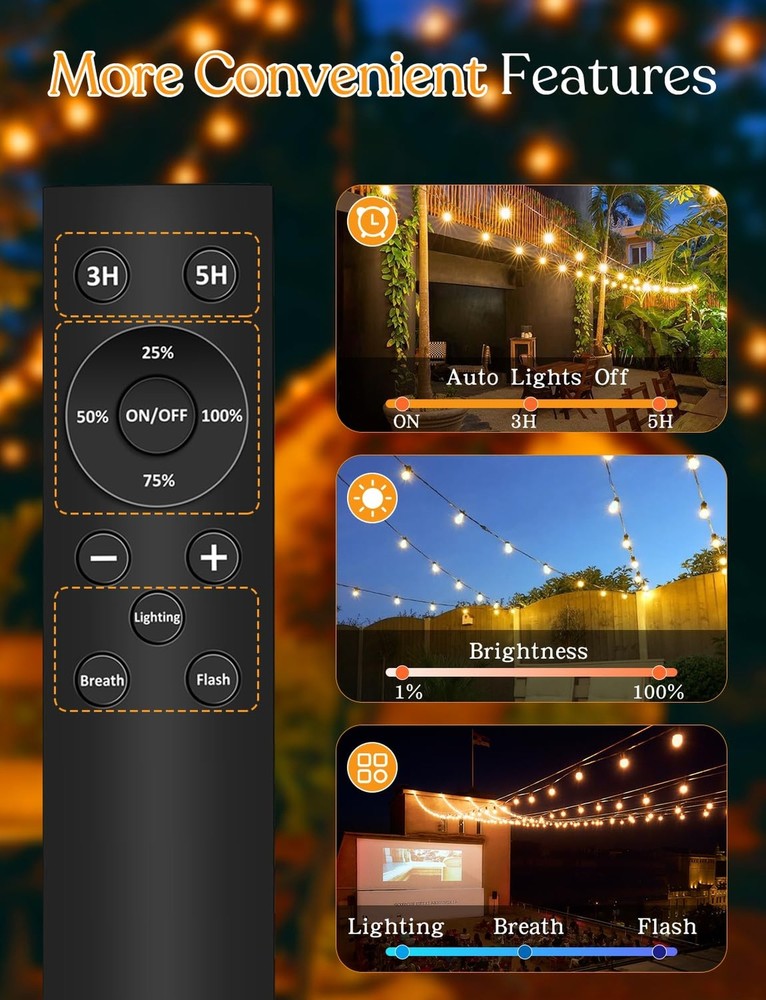100ft Solar Outdoor String Lights with Remote - USB Rechargeable Solar Powere...