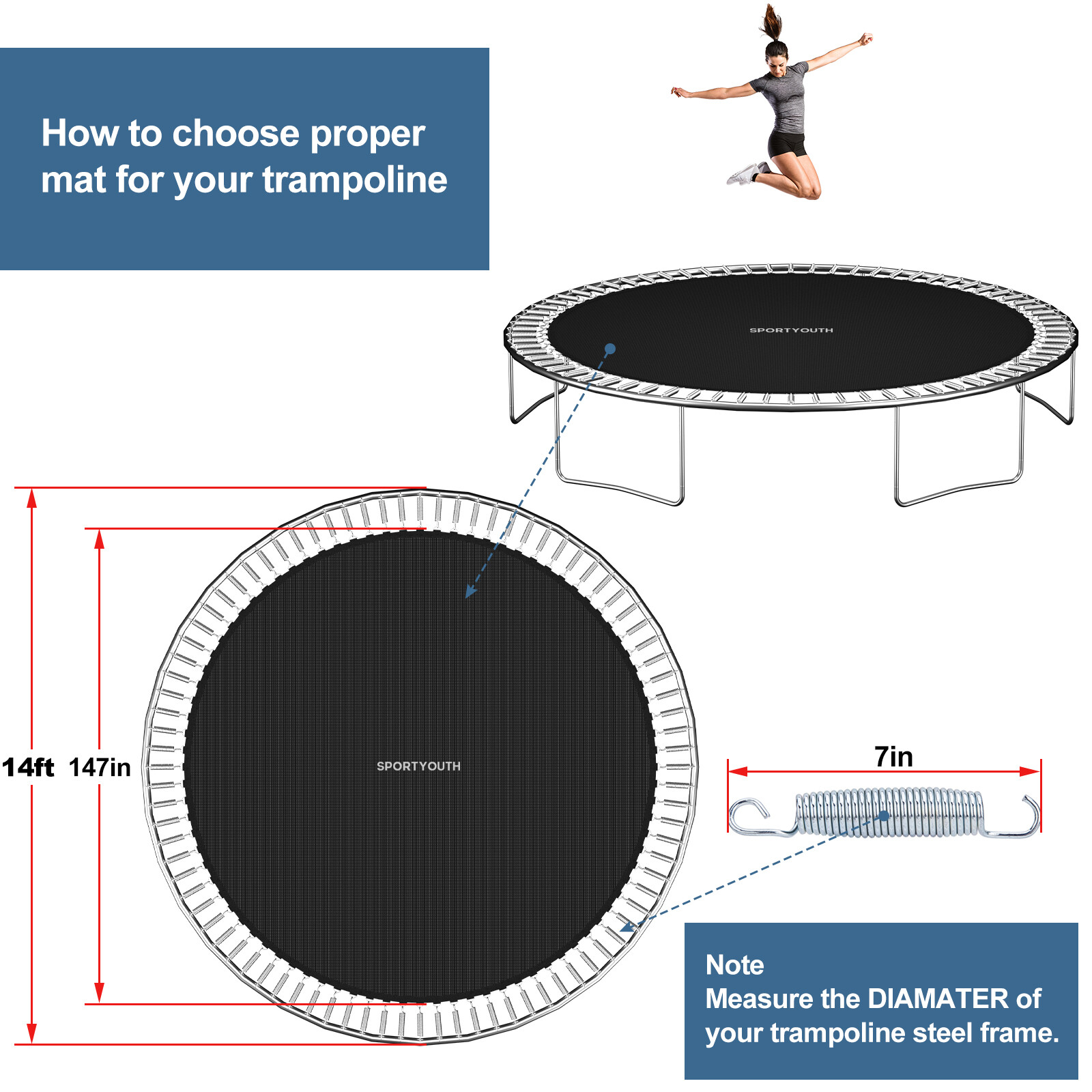12 14 15FT Trampoline Replacement Jumping Mat Pad 72/88/96 Rings w/ Setting Tool
