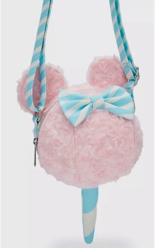 Loungefly Crossbody Purse Bag: MINNIE MOUSE COTTON CANDY Figural Pink Blue Fuzzy