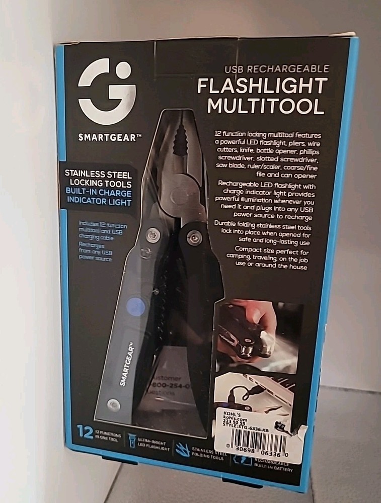 Smart Gear 12 In 1 Multitool Led Flashlight USB Rechargeable SS Locking Tool NIB