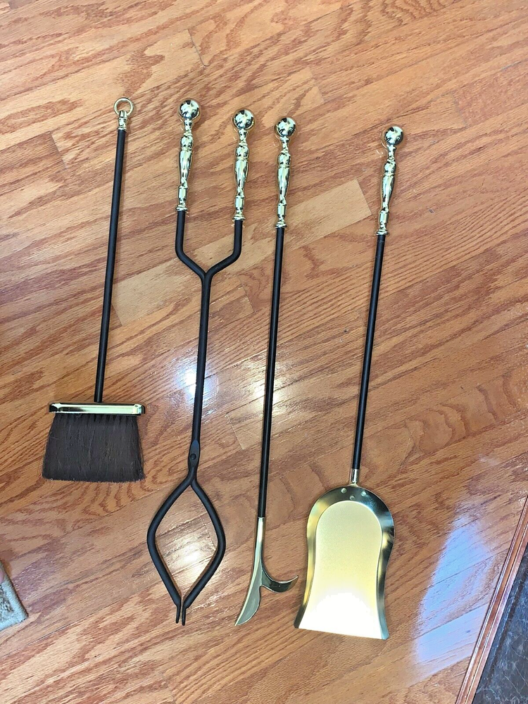 Gold & Black cast iron fireplace tool set with stand