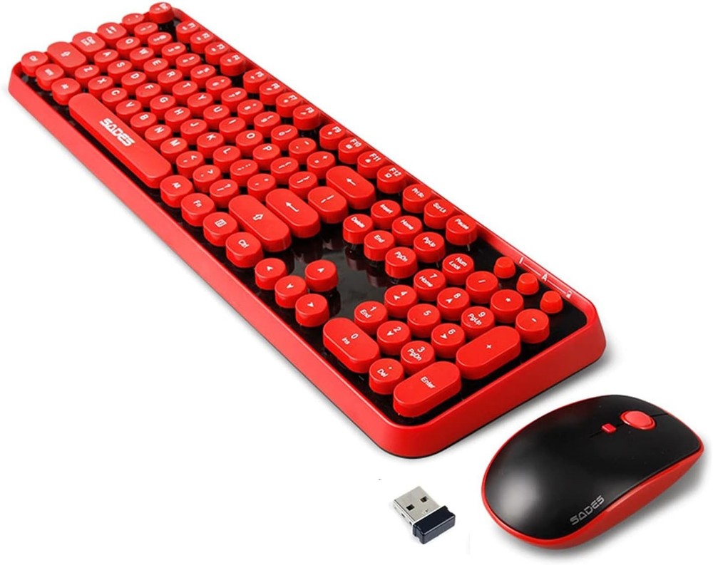 Chic Red Wireless Keyboard & Mouse Combo - Retro Typewriter with Bubble Caps
