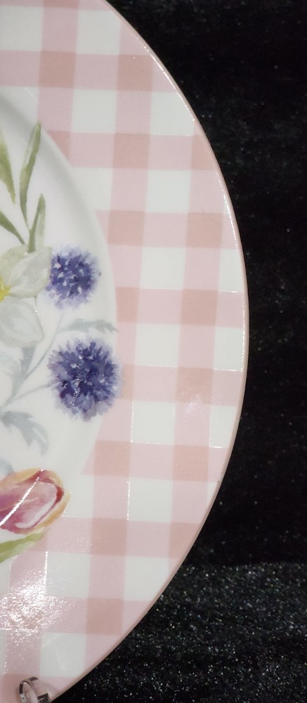 3pc Easter Bunny Pink Gingham 2-Tier Serving Tray Cookie Stand & 2 Salad Plates