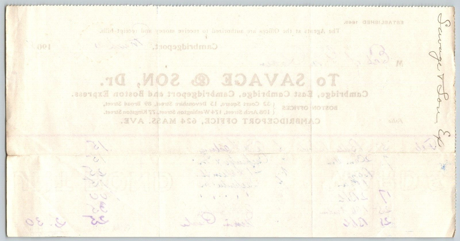 Savage & Son (Express) Cambridgeport MA 1908 Billhead Geo. M. Rogers* (#3)