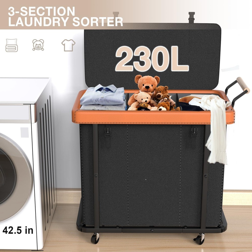 60 Gal (230L) Laundry Hamper 3 Section with Lid, Leather Patchwork Laundry So...