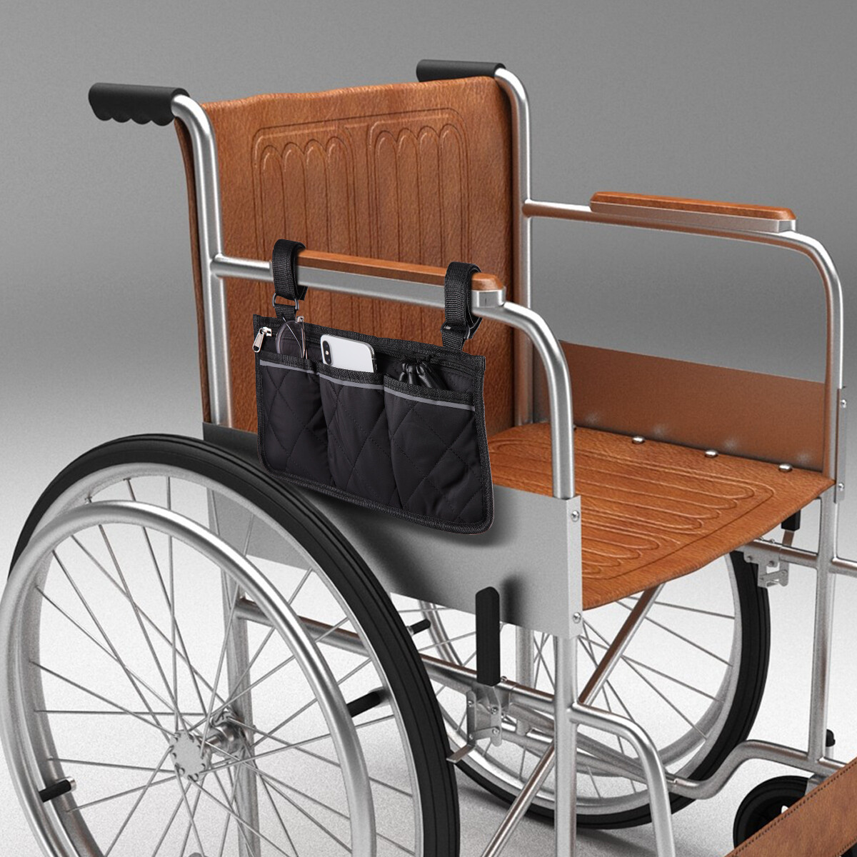 Wheelchair Side Bag Hang on Side Armrest Accessories Storage Pouch w/ Cup Holder