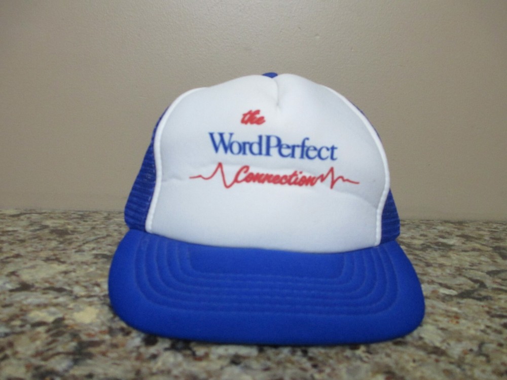 Vtg. Blue/White WordPerfect Connection Snapback Trucker Hat - Computer Software