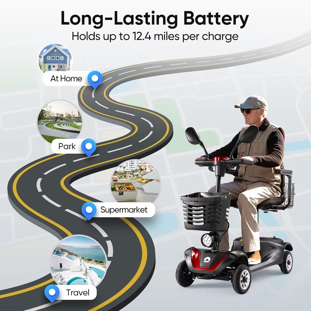 4 Wheels Mobility Scooter Long Range All Terrain LED Headlights With Two Basket