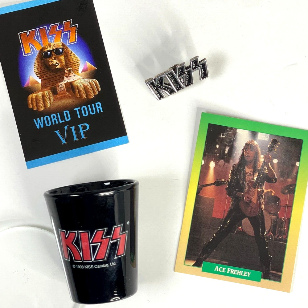 KISS Ace Trading Card Shot Glass Metal Pin Shade VIP Concert Pass 4 Vtg Item Lot