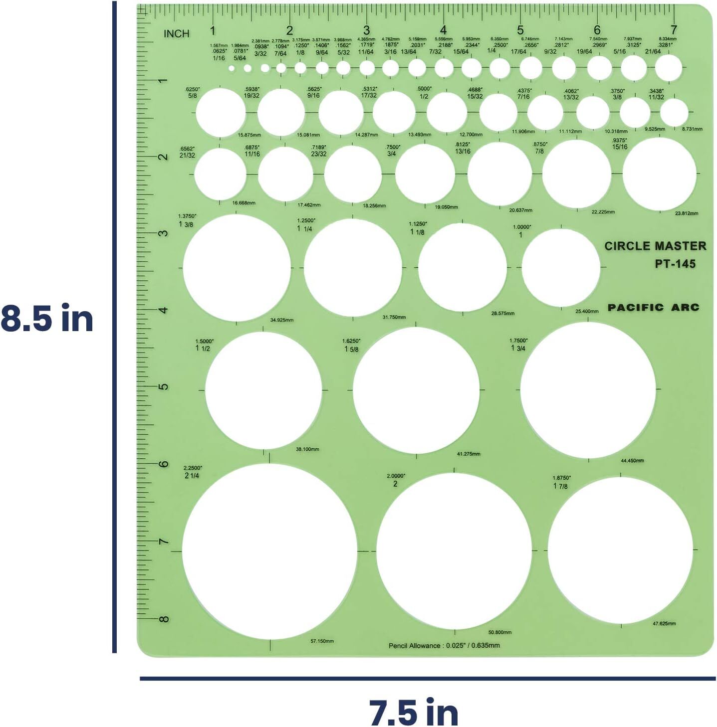 Pacific Arc Professional Circle Guide Template, 45 Circles from 1/16" to 2.25"